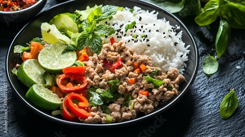 Delicious Larb with Rice and Fresh Vegetables - Thai Cuisine.