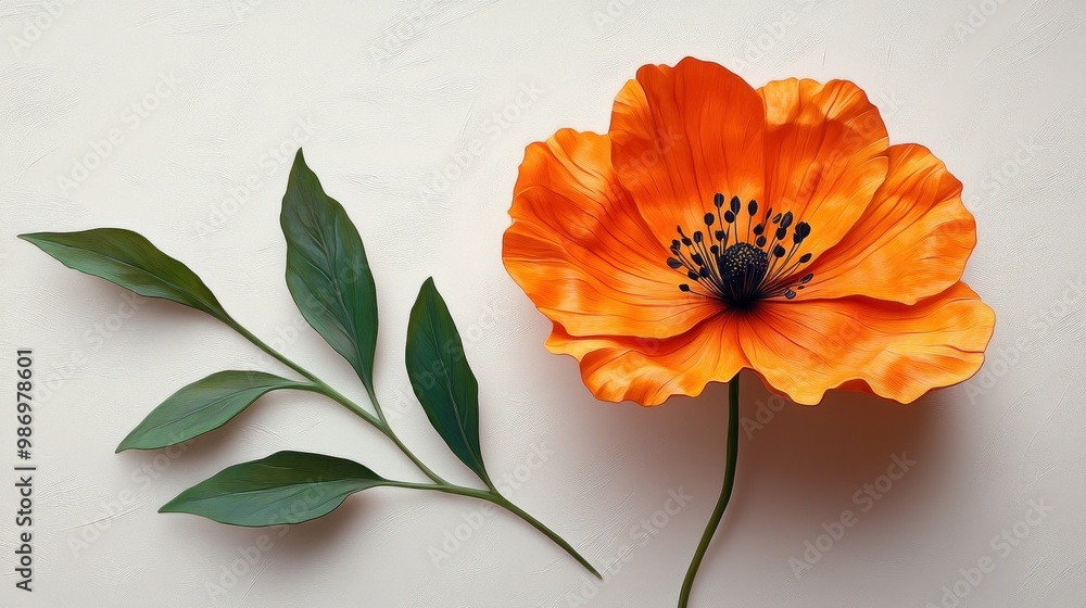 Vibrant orange flower with green leaves on a textured background. Vibrant orange flower with green leaves on a textured background.