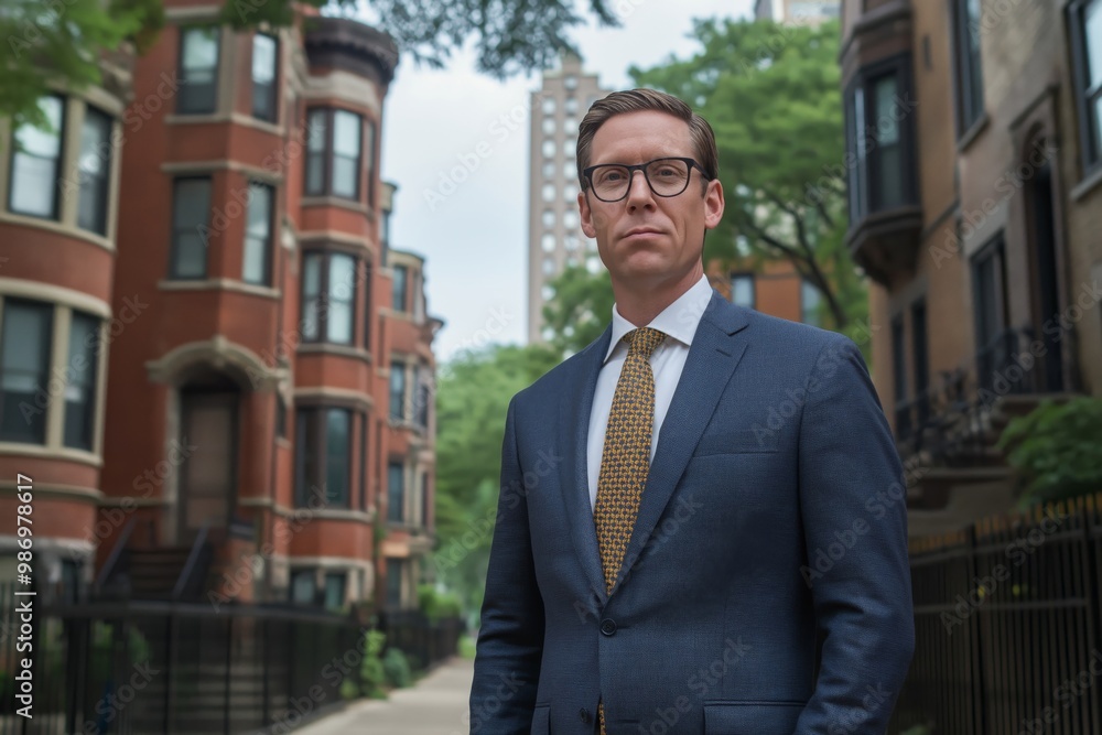 A confident city mayor standing in a residential urban neighborhood, wearing a blue suit and glasses, with a backdrop of traditional red brick buildings and greenery A confident city mayor standing in a residential urban neighborhood, wearing a blue suit and glasses, with a backdrop of traditional red brick buildings and greenery