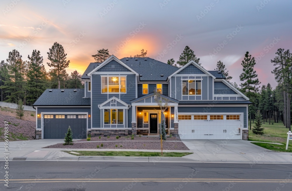 A blue and white house with a white garage door and a sunset sky in the background. A blue and white house with a white garage door and a sunset sky in the background.