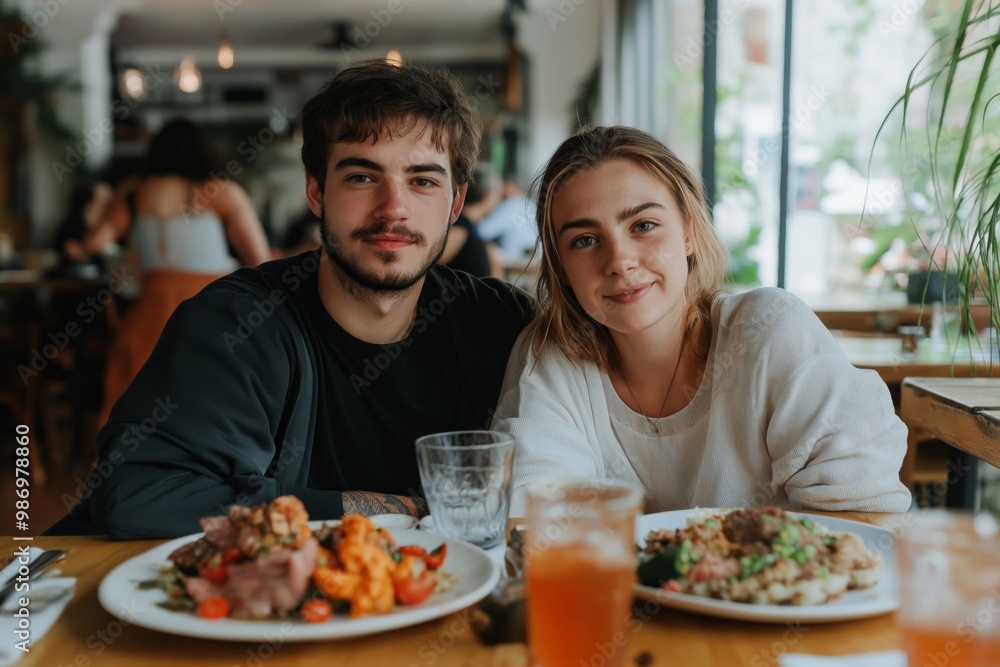 A couple sits together at a restaurant table, smiling at the camera. Plates of food and drinks are in front of them, creating a warm, relaxed atmosphere in a cozy restaurant setting A couple sits together at a restaurant table, smiling at the camera. Plates of food and drinks are in front of them, creating a warm, relaxed atmosphere in a cozy restaurant setting