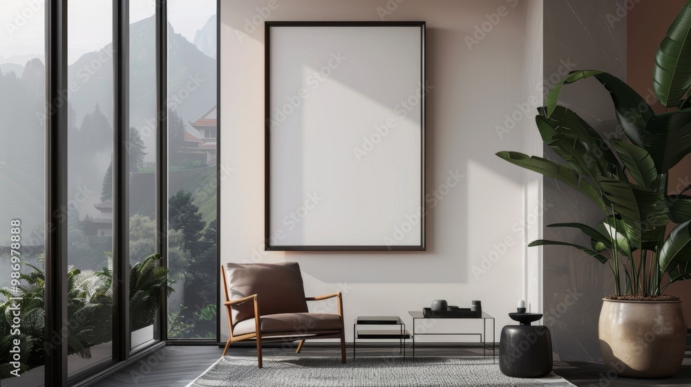 Minimalist Living Room with Mountain View and Blank Canvas Minimalist Living Room with Mountain View and Blank Canvas