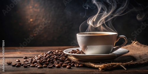 A romantic atmosphere captured in a stock photo of a cup of hot coffee with steam, set against a dark background