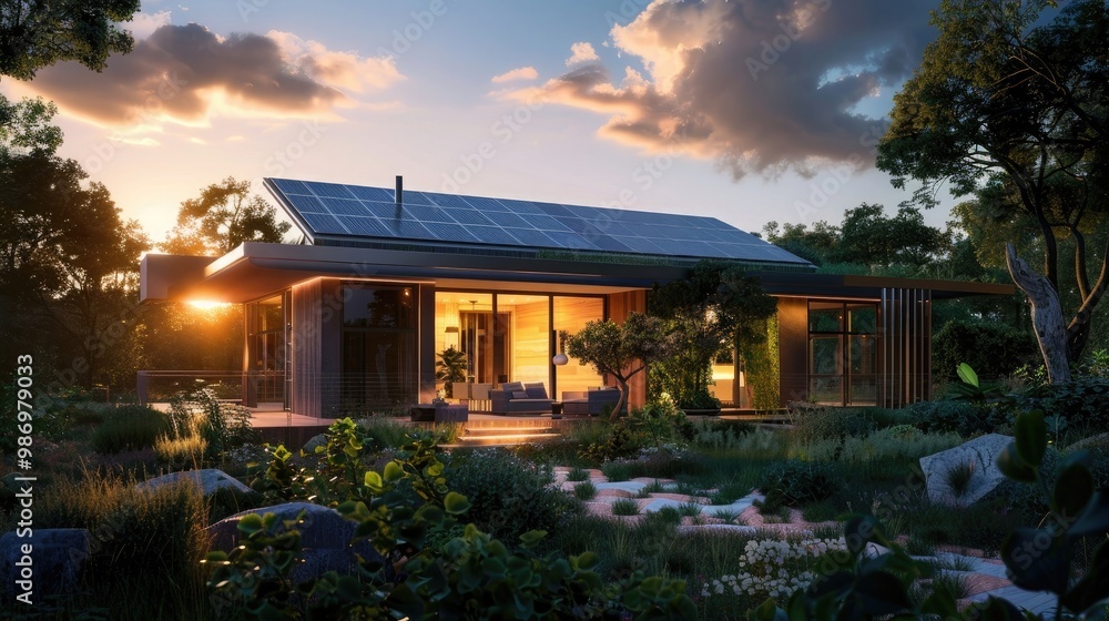 Luxurious eco-friendly house with solar panels, bathed in the warm glow of a stunning sunset. The modern home is surrounded by lush landscaping and scenic natural views Luxurious eco-friendly house with solar panels, bathed in the warm glow of a stunning sunset. The modern home is surrounded by lush landscaping and scenic natural views
