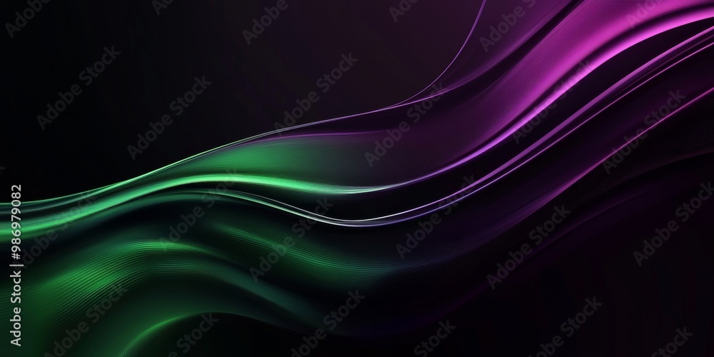 A digital illustration of abstract green and purple wavy lines on a black background. A digital illustration of abstract green and purple wavy lines on a black background.
