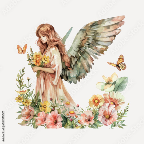 Ethereal angel amidst blooming flowers