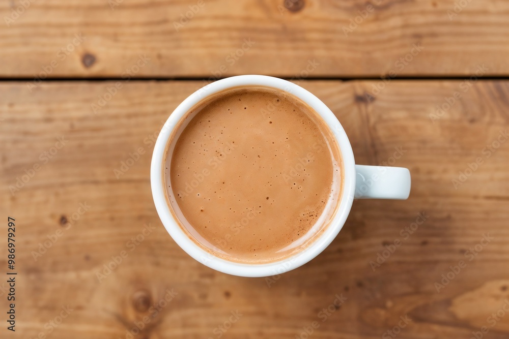 A top-down view of a cup of chocolate on a wooden table, ideal for cozy, morning, or cafe-themed designs. A top-down view of a cup of chocolate on a wooden table, ideal for cozy, morning, or cafe-themed designs.