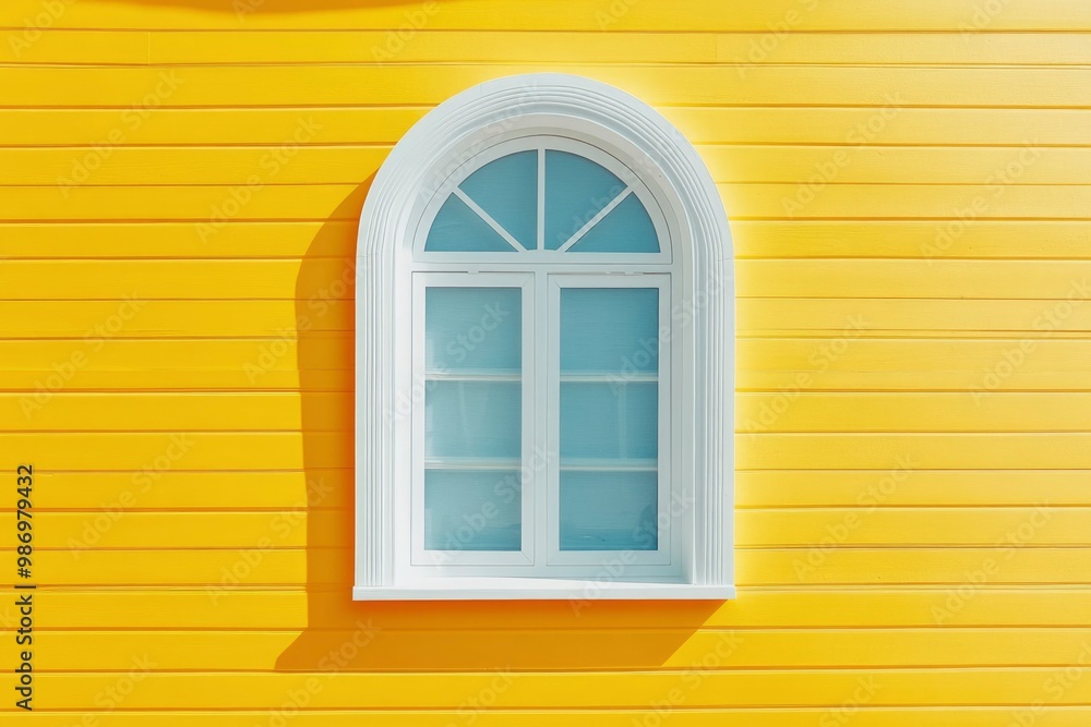Fototapeta premium White Arched Window on a Yellow Wooden Wall