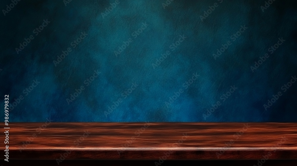 Dark blue and brown abstract background with a wooden table for product presentation Dark blue and brown abstract background with a wooden table for product presentation