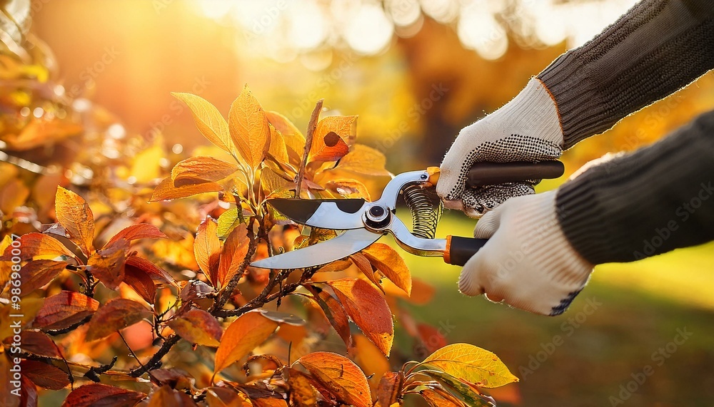 Autumn trees trimming with pruning shears in the garden