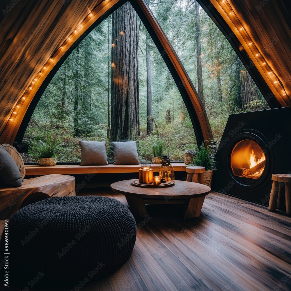 Fototapeta premium An inviting glamping cabin with large arched windows offering a stunning forest view. The cozy interior includes comfortable seating, soft lighting, and a warm fireplace, perfect for relaxation