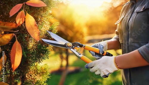 Autumn trees trimming with pruning shears in the garden