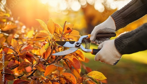 Obraz na płótnie Autumn trees trimming with pruning shears in the garden w salonie