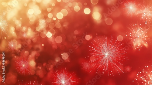 A stunning red and gold fireworks display with bright bokeh lights on a red background, creating a celebratory and festive atmosphere for holidays like New Year's Eve or Christmas