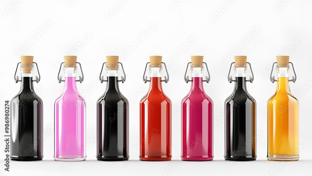 Vibrant Collection of Colored Glass Bottles: Aesthetic Display of Assorted Beverages Vibrant Collection of Colored Glass Bottles: Aesthetic Display of Assorted Beverages