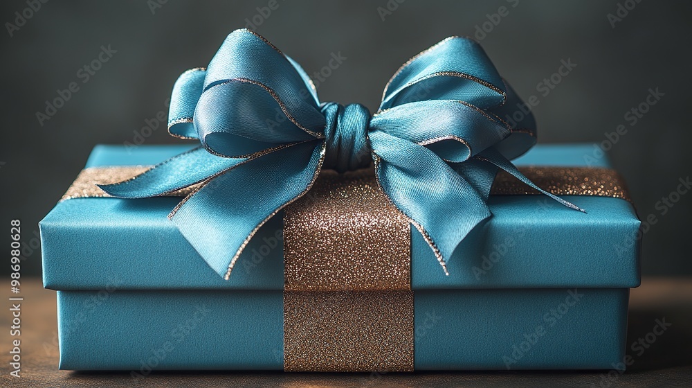 Elegant blue gift box adorned with a ribbon bow, perfect for Valentines Day, birthdays, Christmas, or New Year celebrations Elegant blue gift box adorned with a ribbon bow, perfect for Valentines Day, birthdays, Christmas, or New Year celebrations