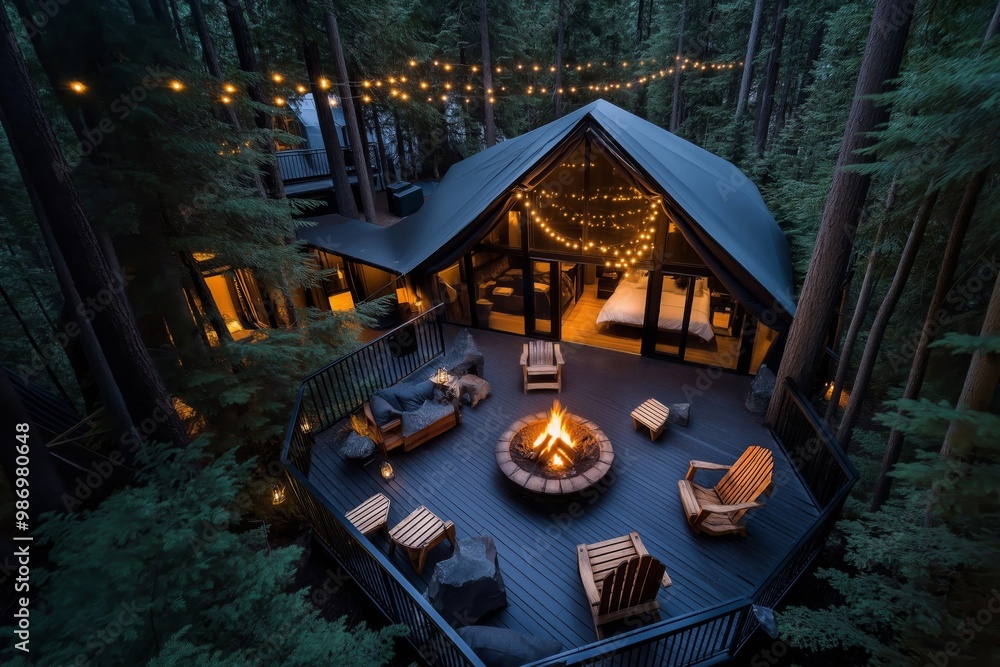 A cozy glamping lodge with string lights and a central fire pit, nestled among tall trees. The deck is surrounded by wooden chairs, creating a relaxing outdoor space perfect for an evening gathering A cozy glamping lodge with string lights and a central fire pit, nestled among tall trees. The deck is surrounded by wooden chairs, creating a relaxing outdoor space perfect for an evening gathering