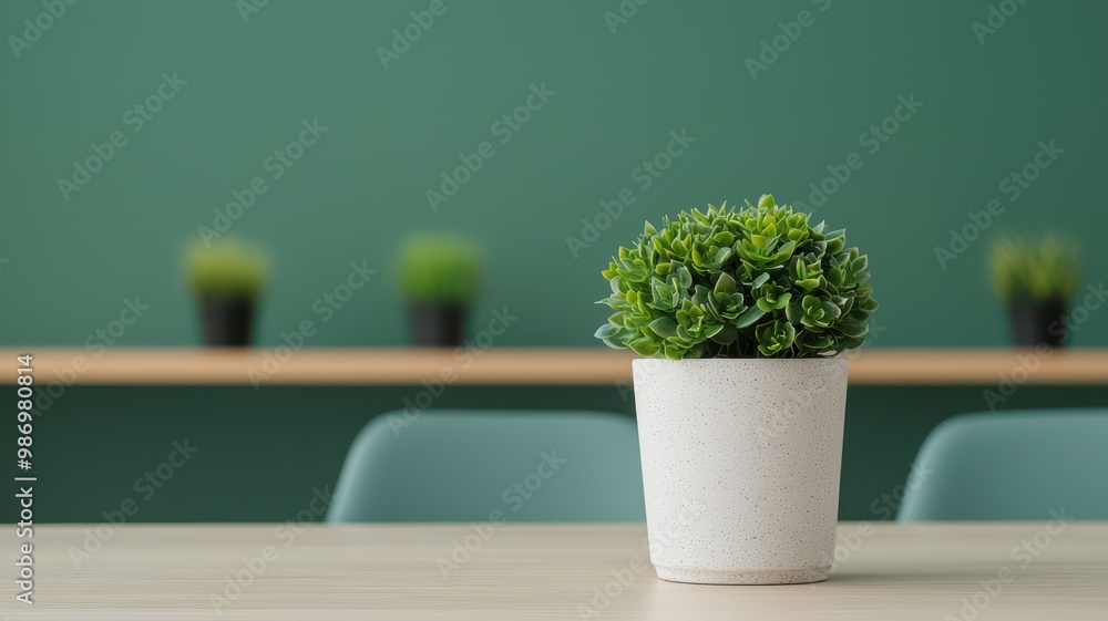 Green plant in white pot on a sleek wooden table. Green plant in white pot on a sleek wooden table.