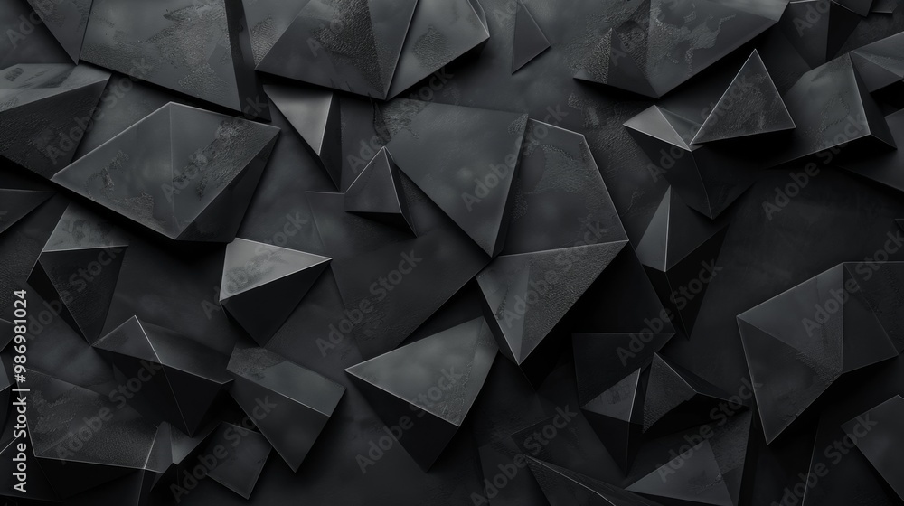 A close-up of a black geometric background with a textured surface, consisting of a chaotic arrangement of triangular shapes. A close-up of a black geometric background with a textured surface, consisting of a chaotic arrangement of triangular shapes.