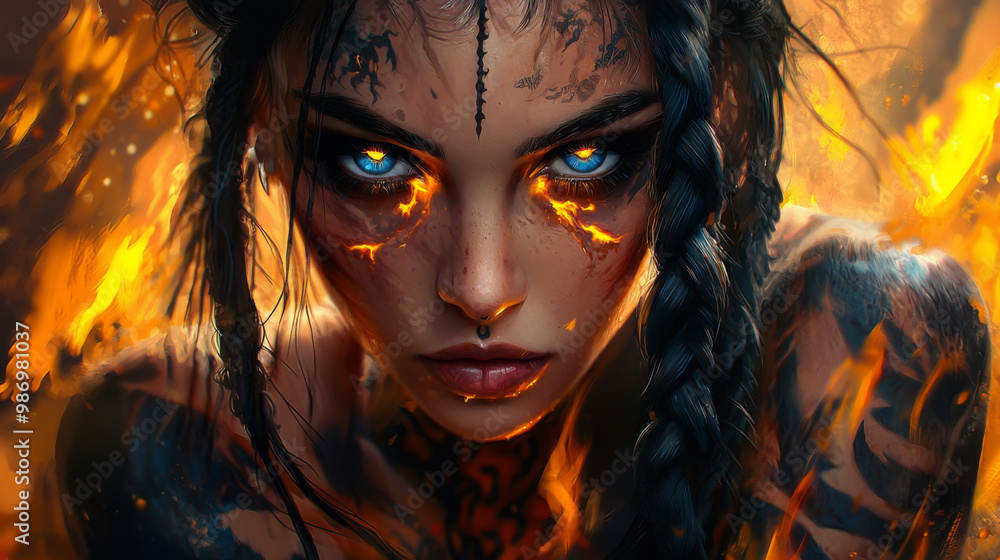 A woman with blue eyes and orange hair is staring at the camera A woman with blue eyes and orange hair is staring at the camera