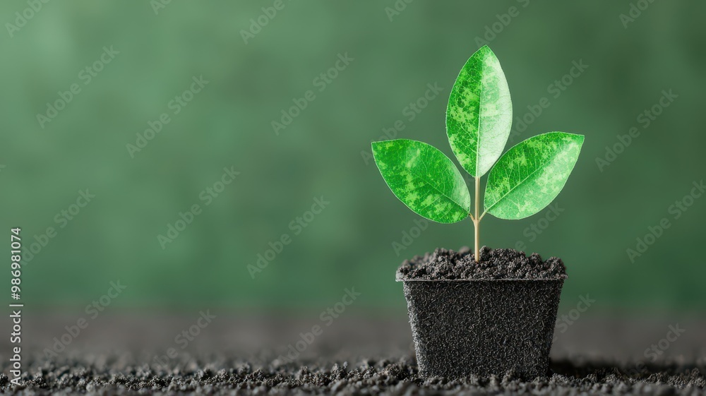 Small green plant with vibrant leaves in a black pot. Small green plant with vibrant leaves in a black pot.