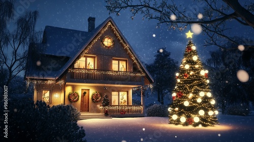 evening image of a two-story illuminated house with Christmas and a big beautifully decorated Christmas tree. Decorations and gently falling snow 