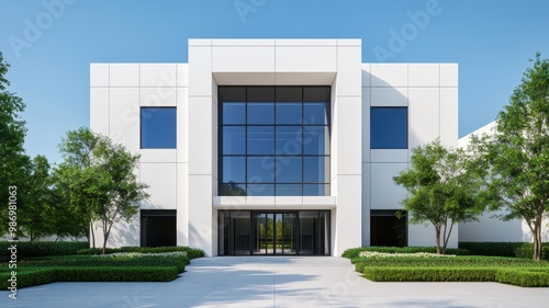 Modern office building with large glass windows, clear sky.