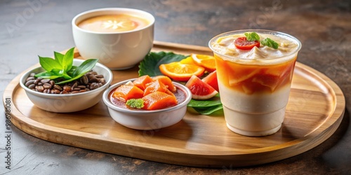 A refreshing Korean food dish meal paired with Americano coffee, ice cafe latte, orange latte, and grapefruit cheongade