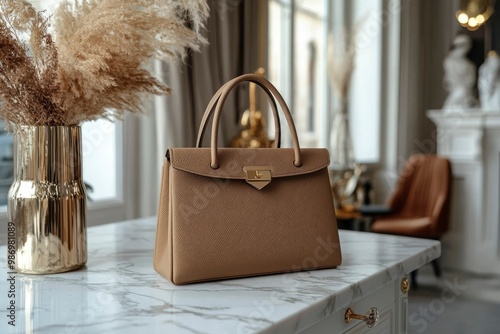 Tan Leather Handbag Resting on a White Marble Tabletop photo