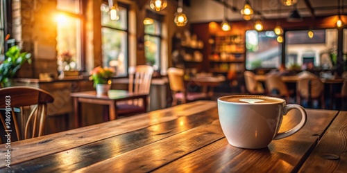 Coffee mug on rustic wooden table in cozy cafe setting