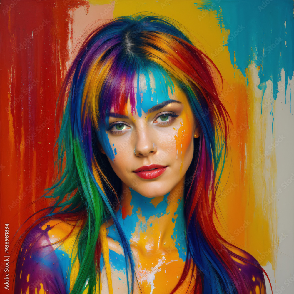 A pretty young woman painted with many different oil colors A pretty young woman painted with many different oil colors