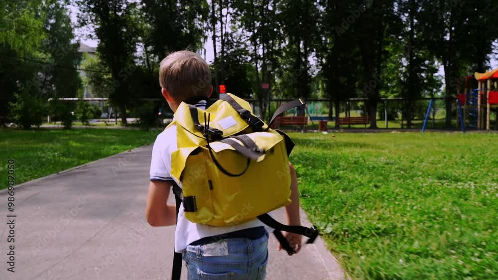 First grade boy with a backpack goes to school First grade boy with a backpack goes to school