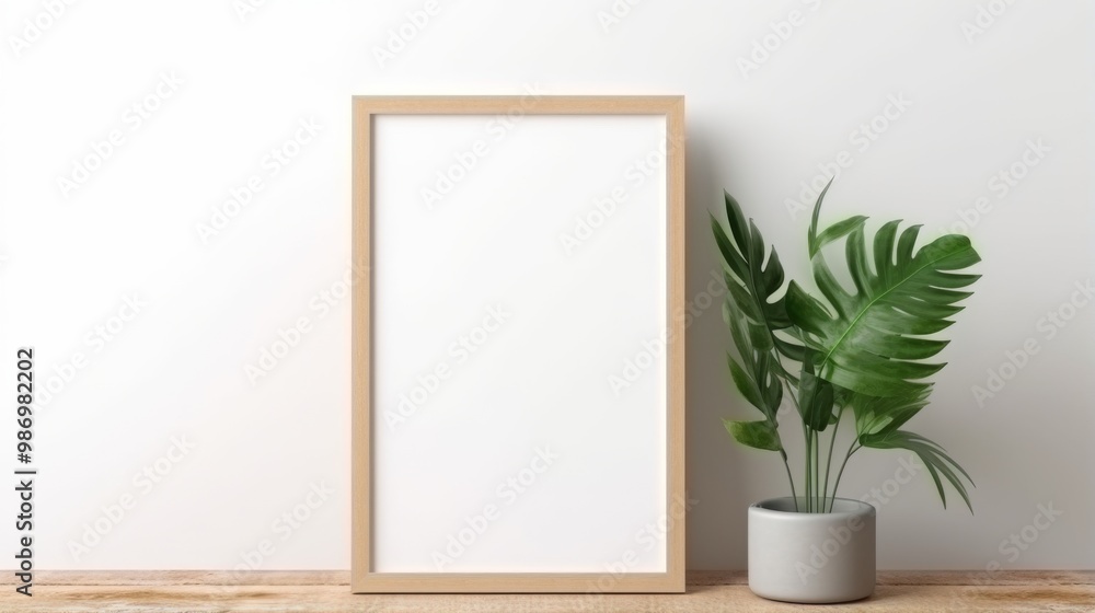 A close-up shot of an empty wooden picture frame on a wooden tabletop, with a potted green plant beside it. The background is a white wall. A close-up shot of an empty wooden picture frame on a wooden tabletop, with a potted green plant beside it. The background is a white wall.
