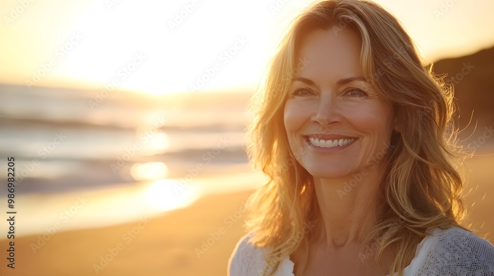 Smiling mature blond woman on beach at sunset, happy, free, and relaxed, breathing ocean air. Smiling mature blond woman on beach at sunset, happy, free, and relaxed, breathing ocean air.