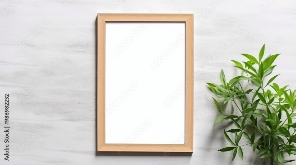 A simple and clean wooden frame with a white background and a sprig of greenery on the right side. A simple and clean wooden frame with a white background and a sprig of greenery on the right side.