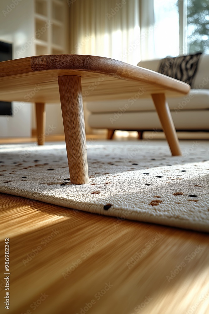 A close-up of a minimalist wooden coffee table in a Scandinavian-style living room, with soft natural light filtering through the windows, highlighting the simple and elegant design A close-up of a minimalist wooden coffee table in a Scandinavian-style living room, with soft natural light filtering through the windows, highlighting the simple and elegant design