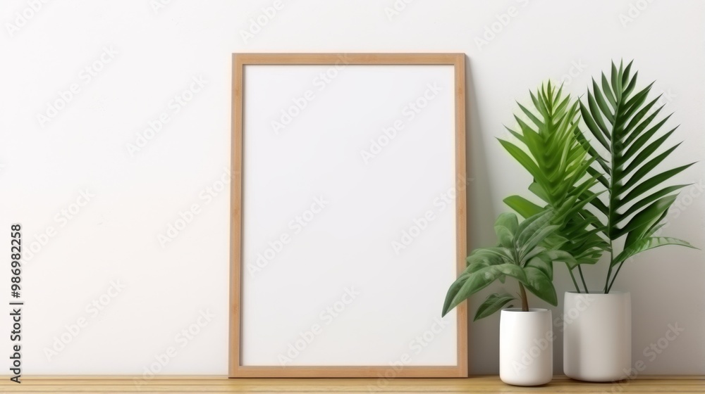 A blank picture frame with green plants resting on a wooden shelf against a white wall. A blank picture frame with green plants resting on a wooden shelf against a white wall.