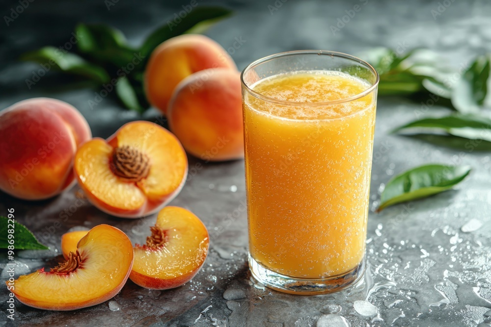 Glass of Peach Juice with Fresh Peaches and Ice on a Grey Surface Glass of Peach Juice with Fresh Peaches and Ice on a Grey Surface