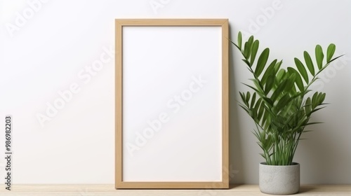 A blank canvas in a wooden frame sits on a tabletop next to a potted green plant against a white wall.