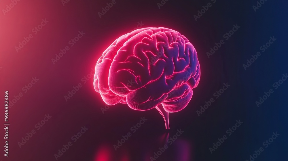 Futuristic glowing human brain, illuminated in vibrant neon pink and red hues Futuristic glowing human brain, illuminated in vibrant neon pink and red hues