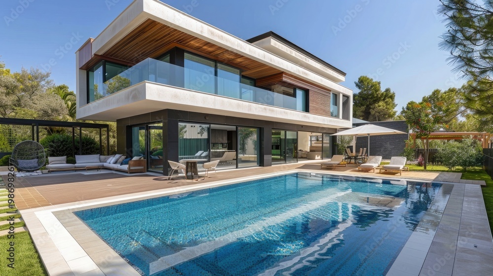 Modern impressive villa with swimming pool and garden, generative ai Modern impressive villa with swimming pool and garden, generative ai