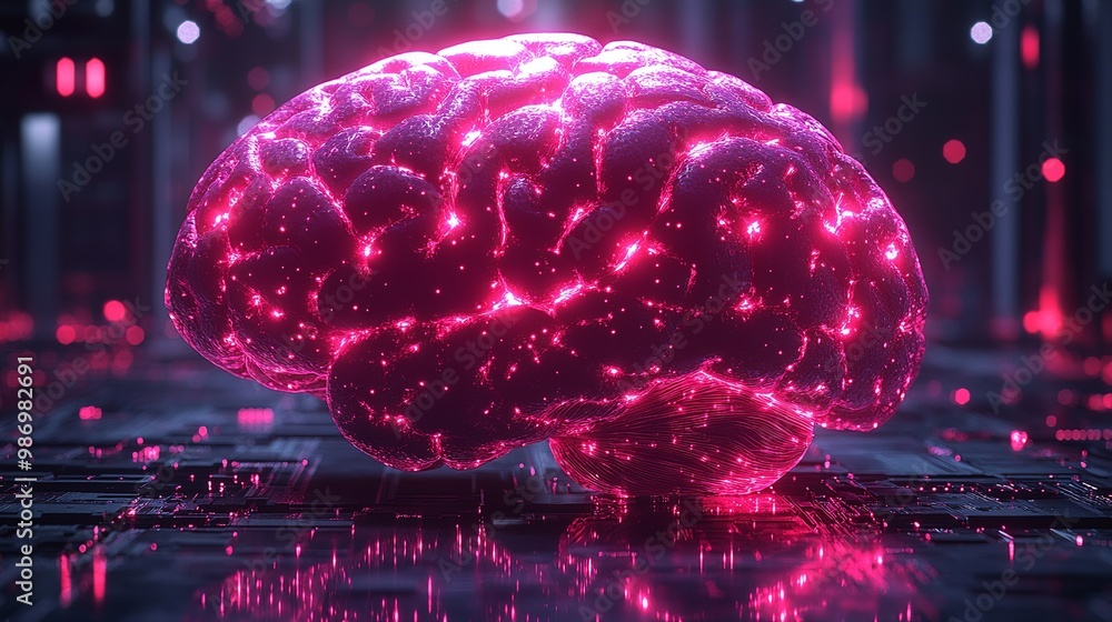 Obraz premium Futuristic glowing human brain, illuminated in vibrant neon pink and red hues