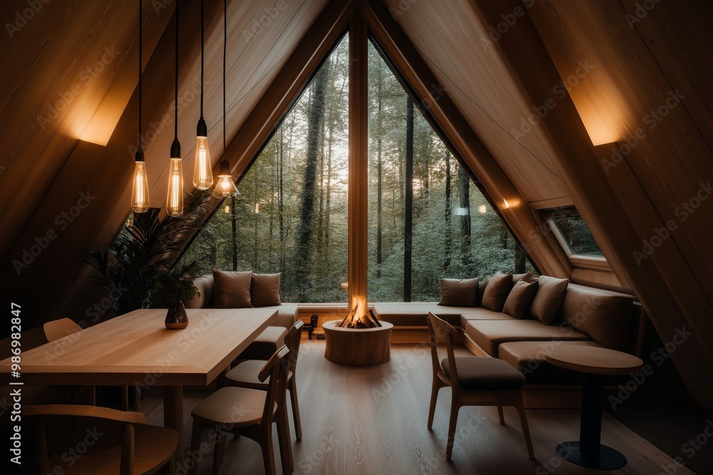 Fototapeta premium A modern Scandinavian-style cabin dining area with a large wooden table, pendant lighting, and cozy window seating, overlooking a forest through large triangular windows