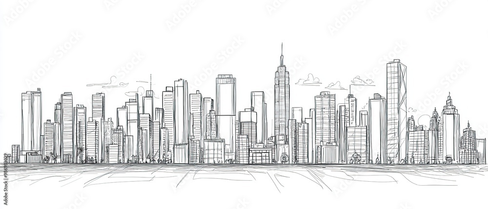 Obraz premium Hand drawn sketch of a modern city skyline.