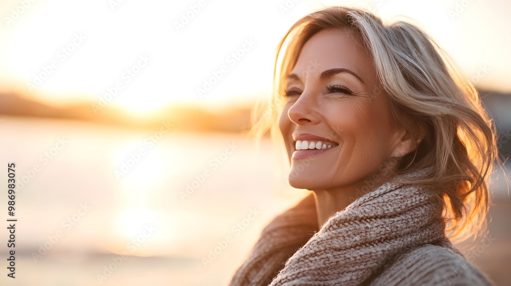 Smiling mature blond woman on beach at sunset, happy, free, and relaxed, breathing ocean air. Smiling mature blond woman on beach at sunset, happy, free, and relaxed, breathing ocean air.