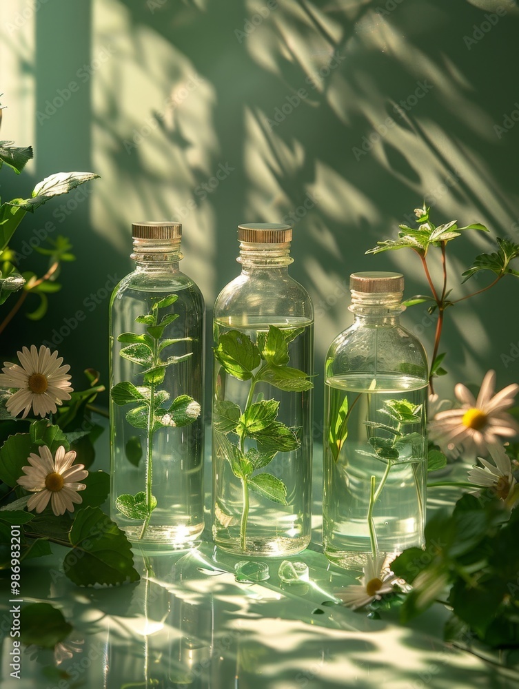 Glass bottles with plants and sunlight Glass bottles with plants and sunlight