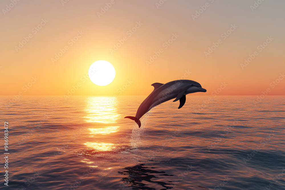 A dolphin leaps into the orange sunset sky over a calm ocean, creating a silhouette against the vibrant colorsA dolphin leaps into the orange sunset sky over a calm ocean, creating a silhouette agains A dolphin leaps into the orange sunset sky over a calm ocean, creating a silhouette against the vibrant colorsA dolphin leaps into the orange sunset sky over a calm ocean, creating a silhouette agains