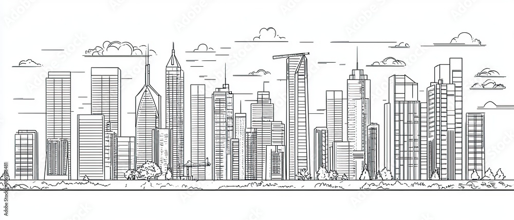 Fototapeta premium Hand-drawn sketch of a city skyline with skyscrapers and clouds.