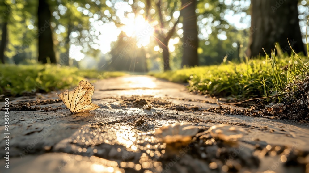 A quiet park pathway with a single fallen leaf on the ground, illuminated by the morning sunlight. The bright sun shining through the trees adds warmth and serenity to this peaceful nature scene A quiet park pathway with a single fallen leaf on the ground, illuminated by the morning sunlight. The bright sun shining through the trees adds warmth and serenity to this peaceful nature scene