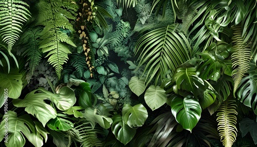 Lush Tropical Jungle Background Featuring Ferns, Palm, and Monstera Deliciosa Leaves in a Dark Green Floral Forest Pattern photo